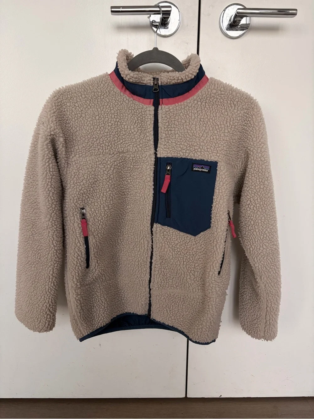 Patagonia Kids Taupe Sherpa Jacket with Navy & Pink Accents